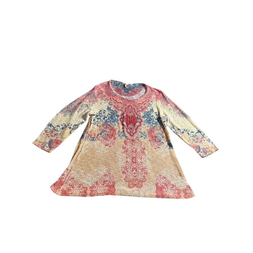 Reba Womens Red Blue Paisley‎ Beaded Scoop Neck 3/4 Sleeve Knit Tunic Top SZ XL